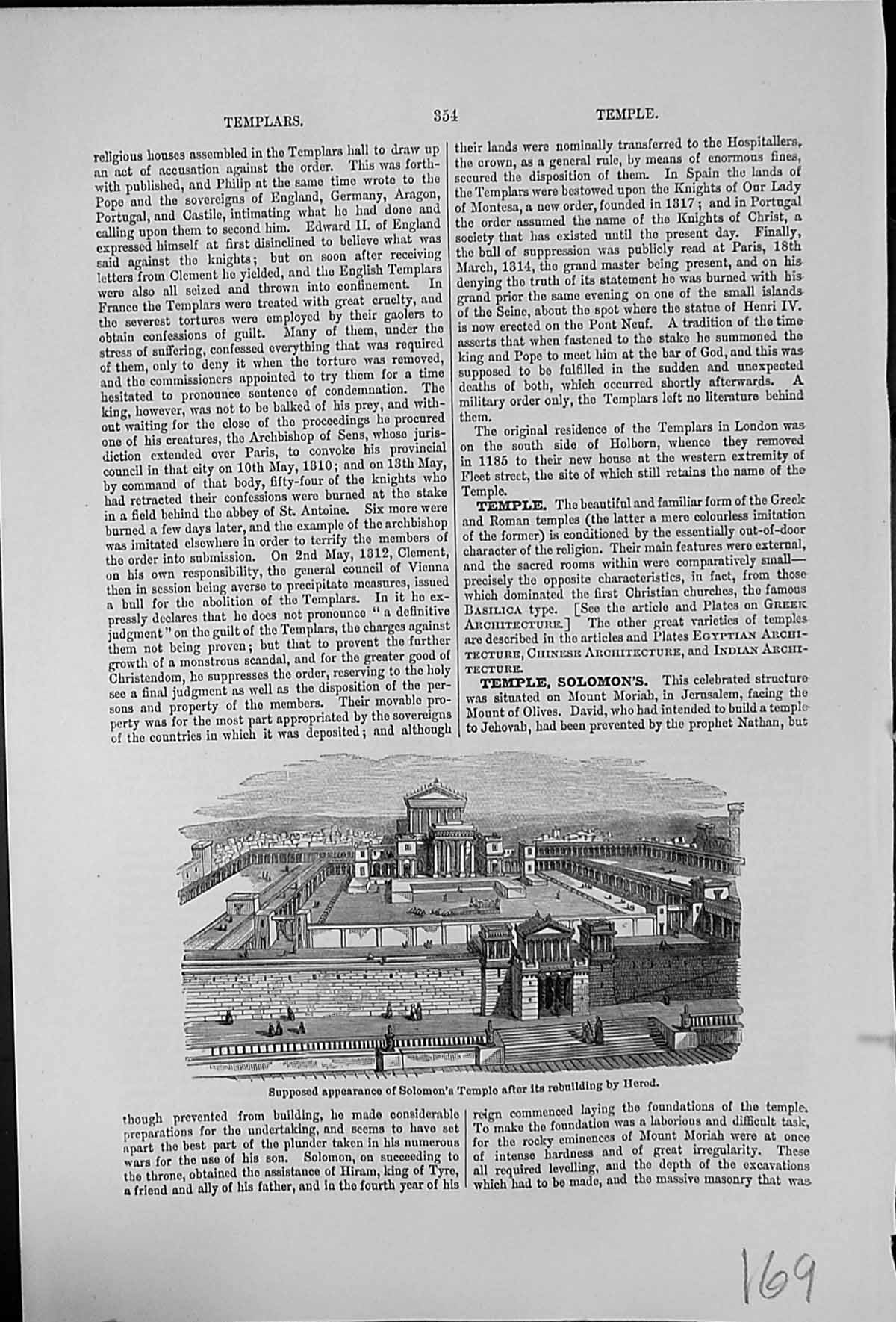 Antique Old Print Supposed Appearance Solomon'S Temple After R-Building Herod