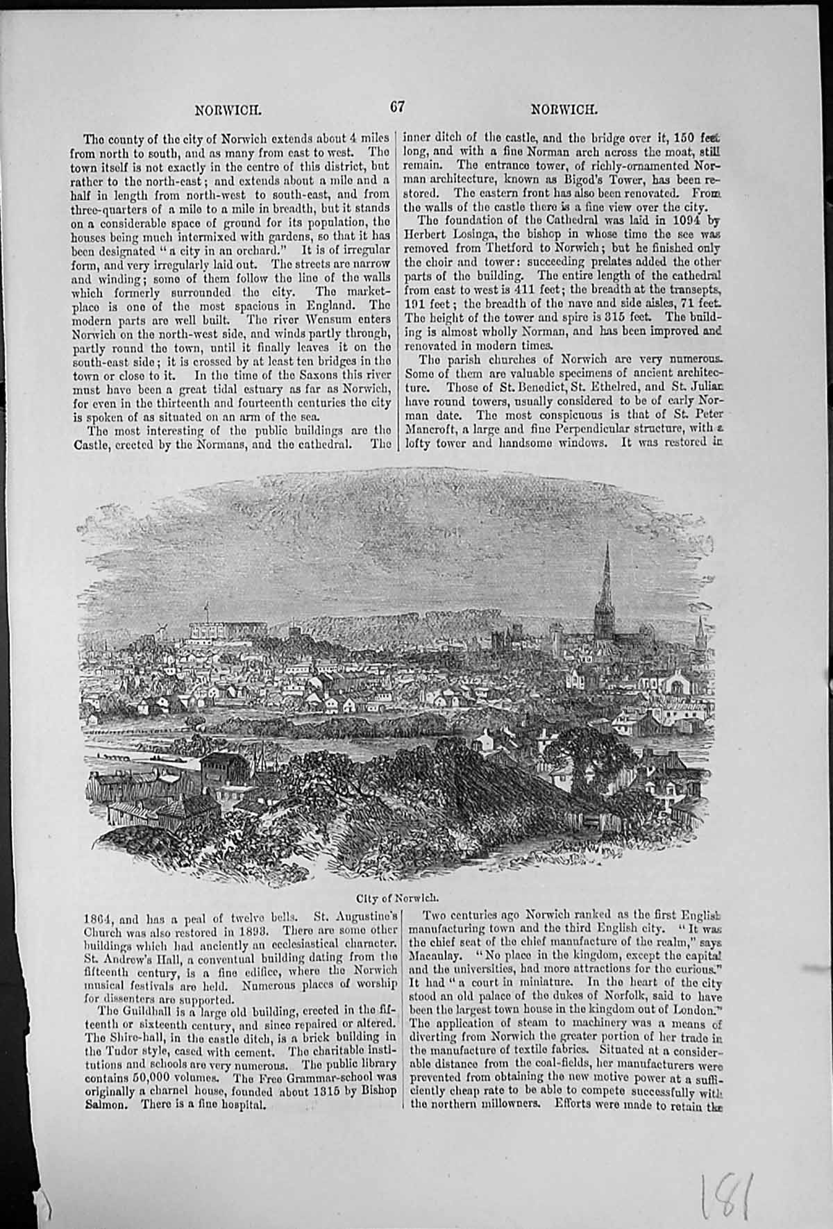 Antique Old Print City Norwich View From Distance Buildings Cathedral Spire