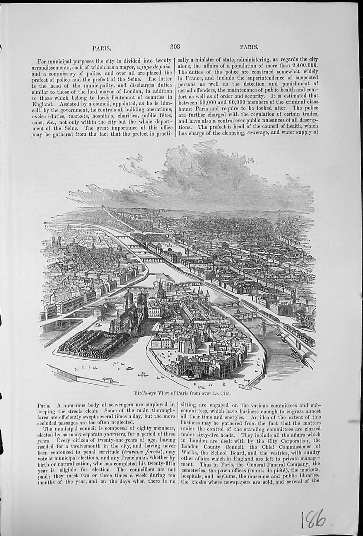Antique Old Print Bird'S Eye View Paris From Over La Cite River Seine Bridges