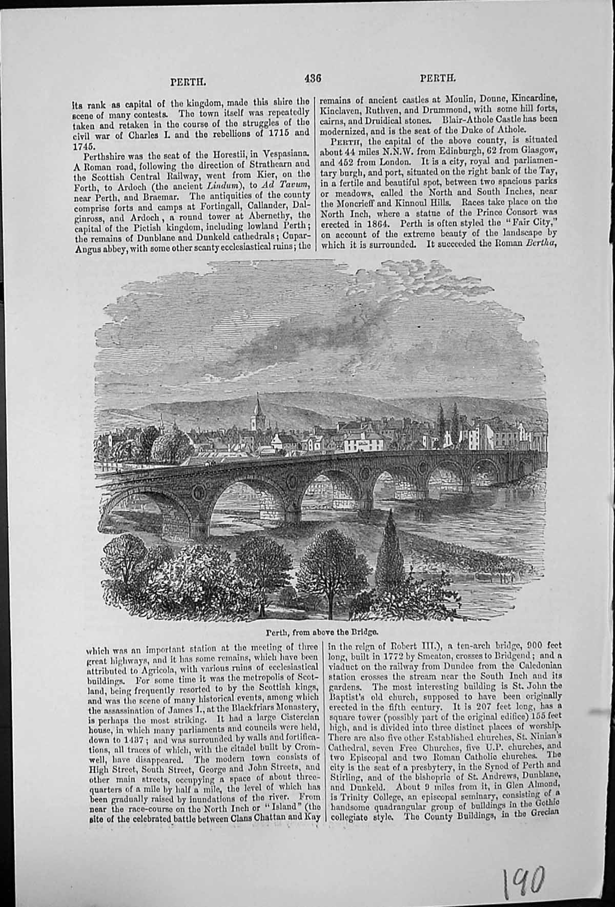Antique Old Print Perth From Above The Bridge Scotland Buildings Trees Water