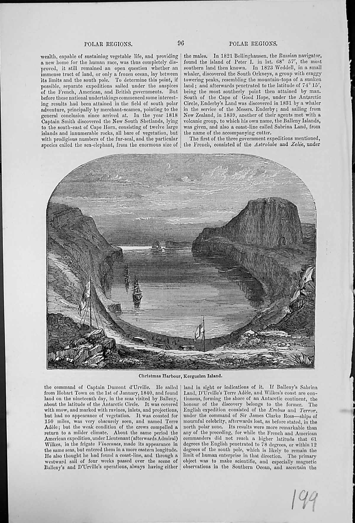 Antique Old Print Christmas Harbour Kerguelen Island Polar Region Ships Flags