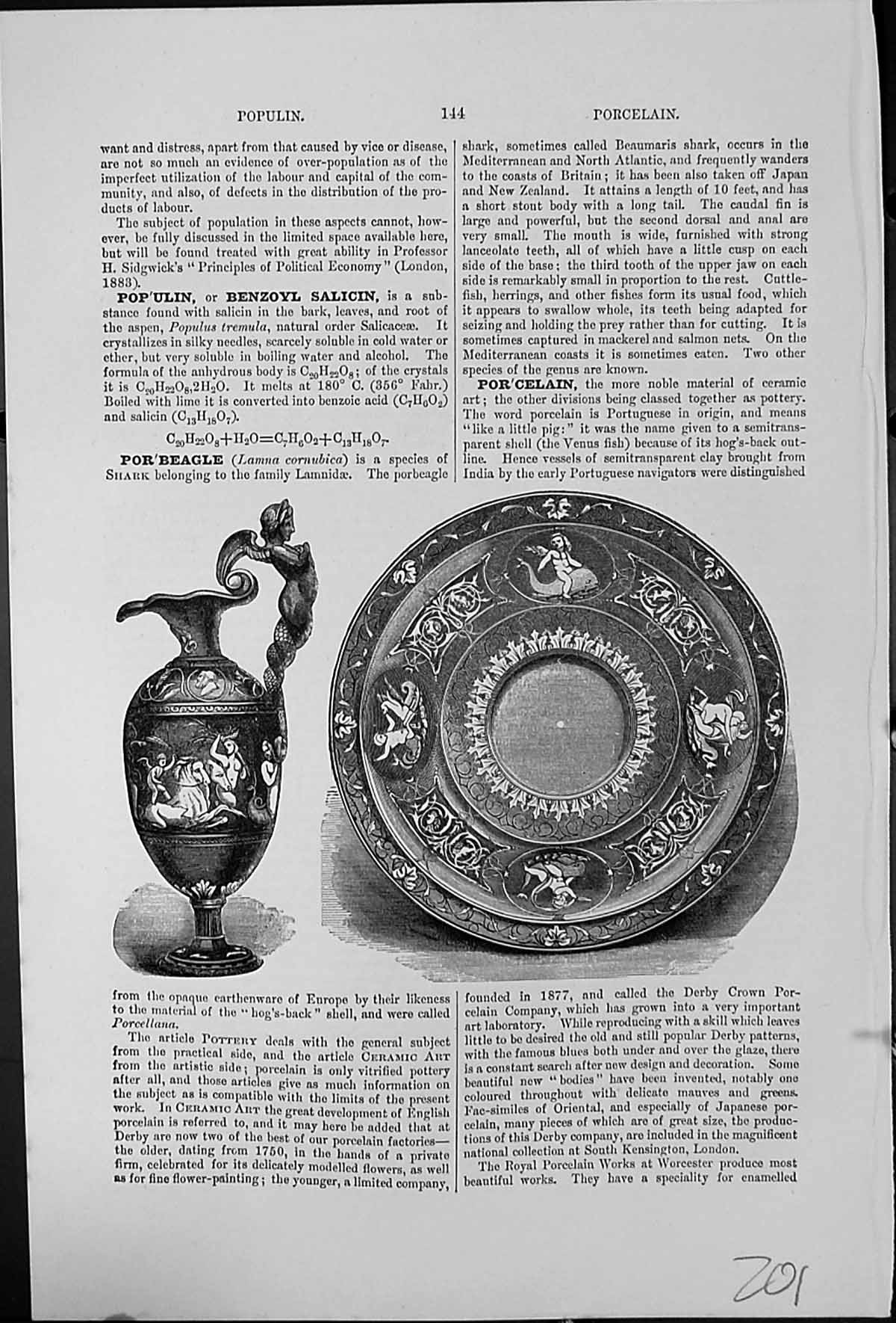 Old Antique Print Porcelain Two Examples Decorated Jug Plate Origin Word