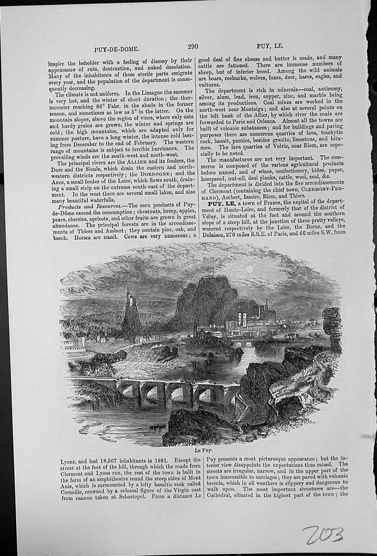 Old Print Le Puy Town France Capital Haute-Loire Foot Steep Hill Bridges