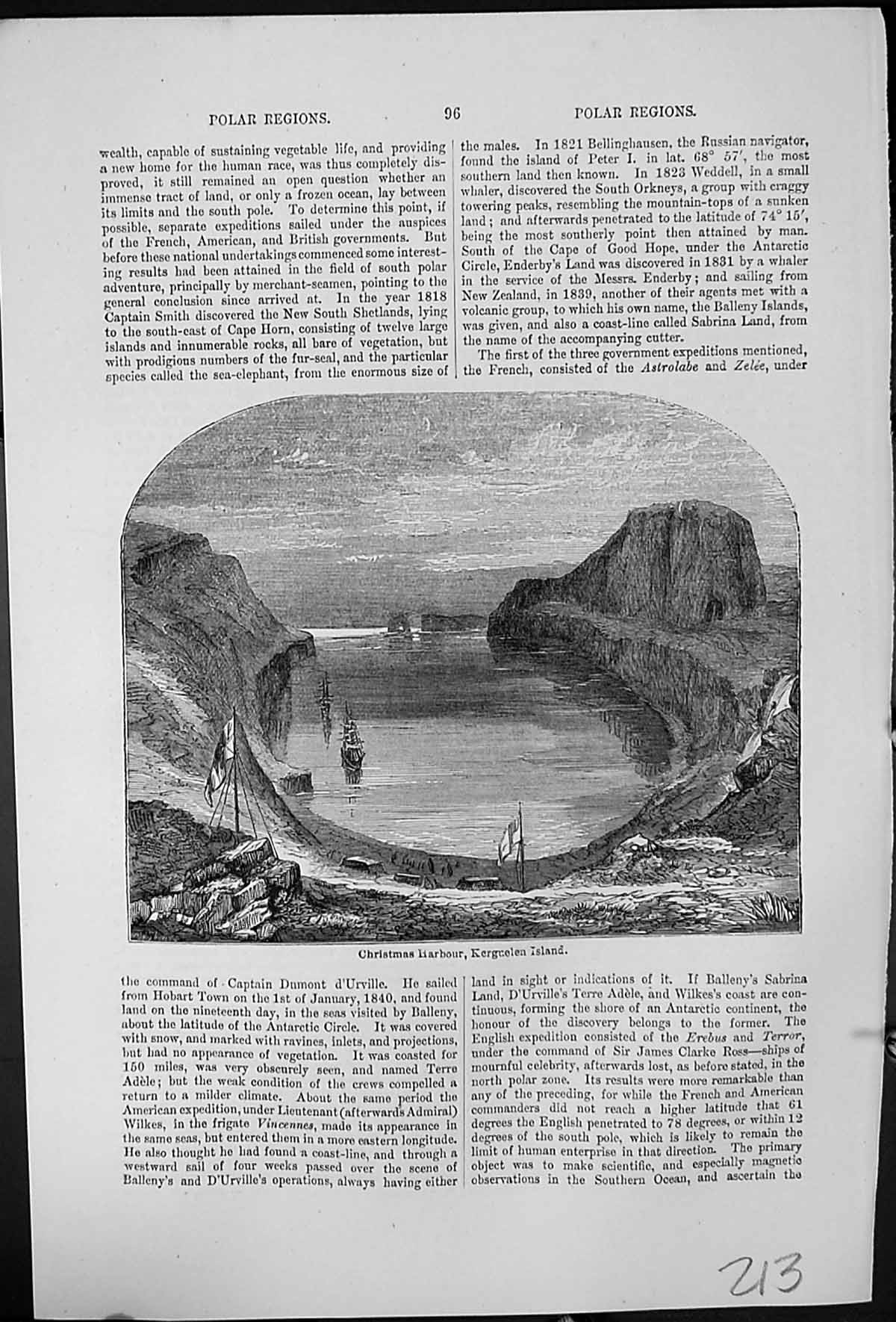 Antique Old Print Christmas Harbour Kerguelen Island Polar Region Flags Ships