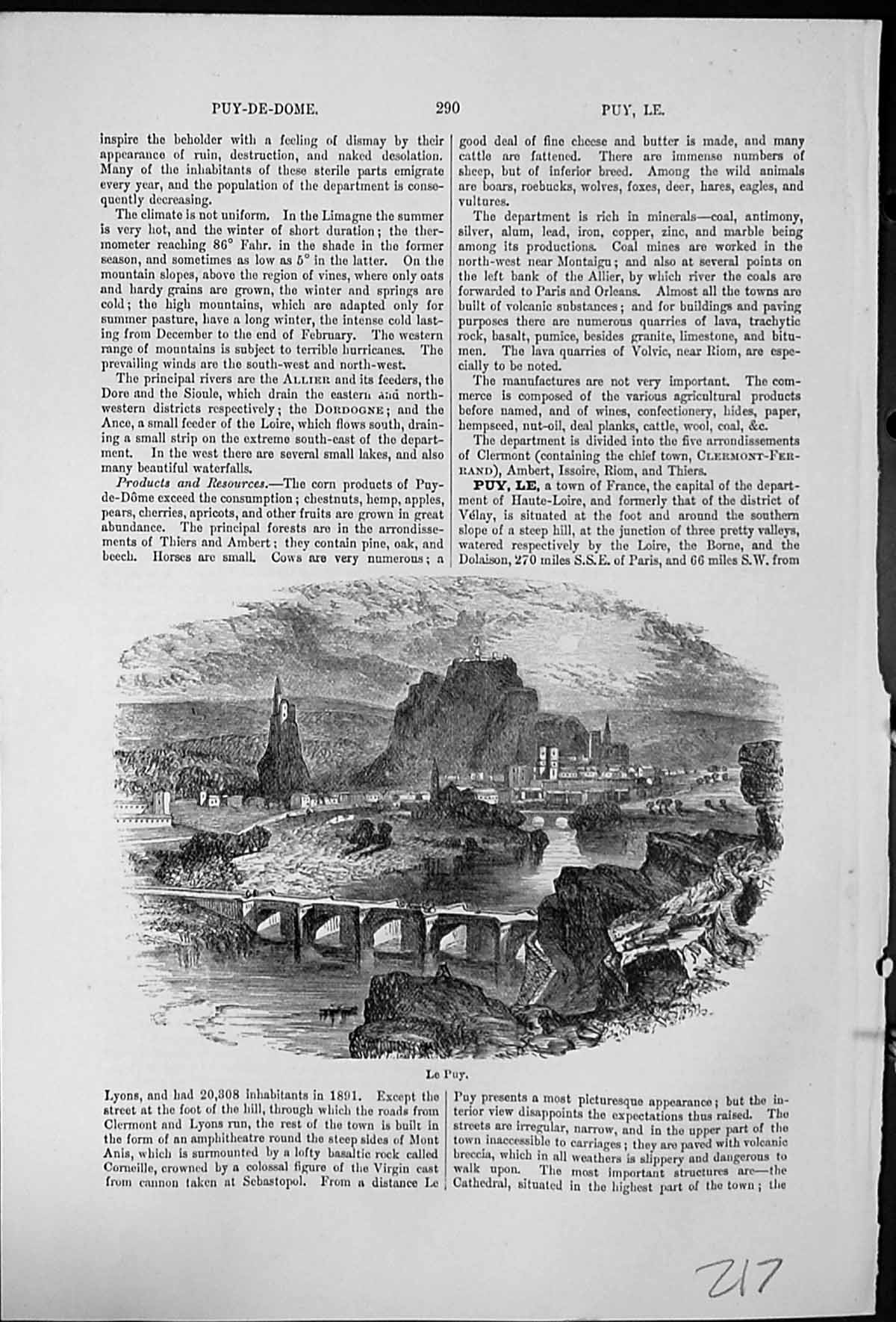 Old Print Le Puy France Town Capital Haute-Loire Foot Steep Hill Bridges