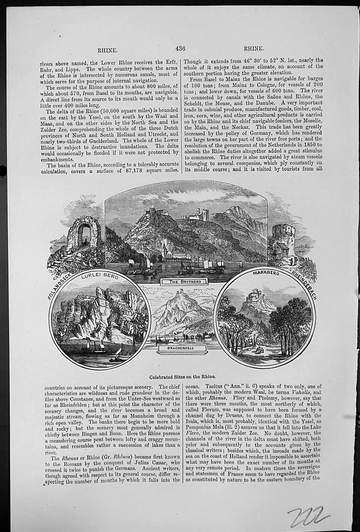 Old Antique Print Celebrated Sites Rhine Drachenfels Marxberg Lurlei Berg