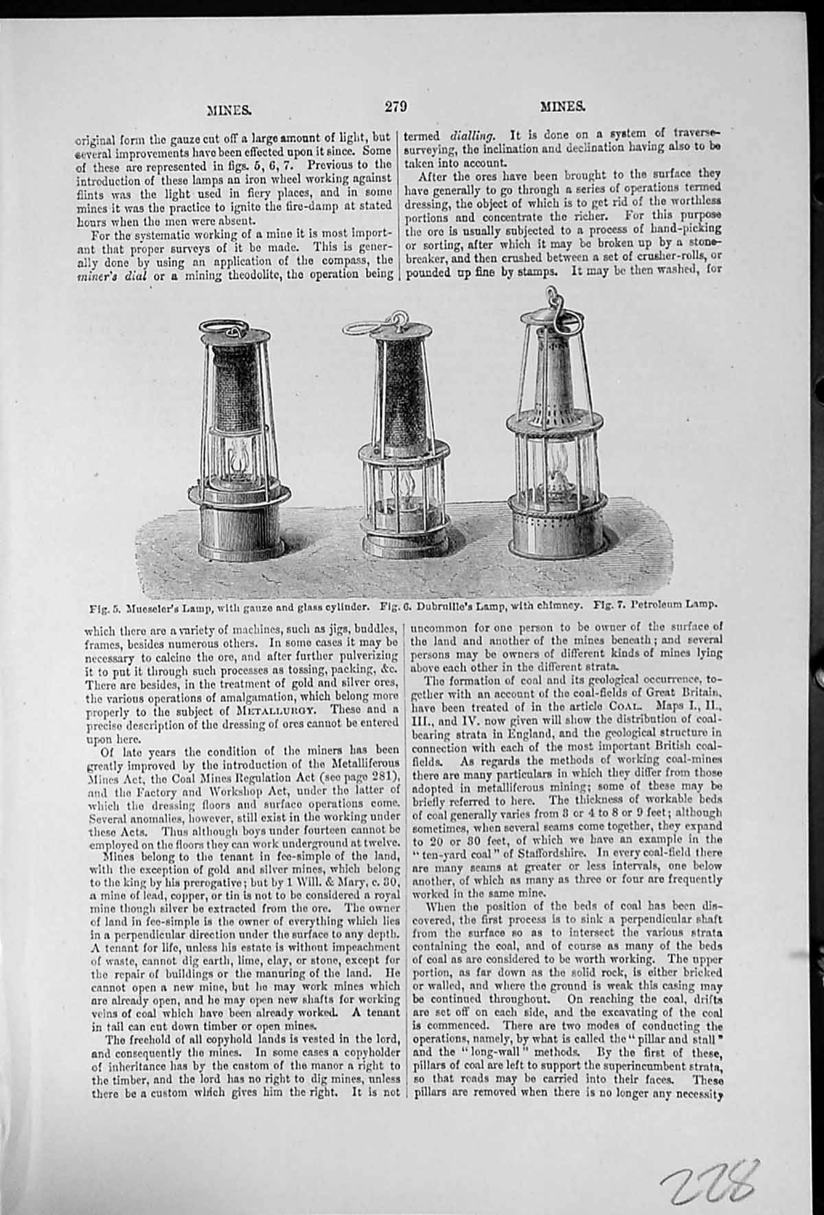 Antique Old Print Mining Lamps Mueseler'S Dubruille'S Petroleum Holing Coal