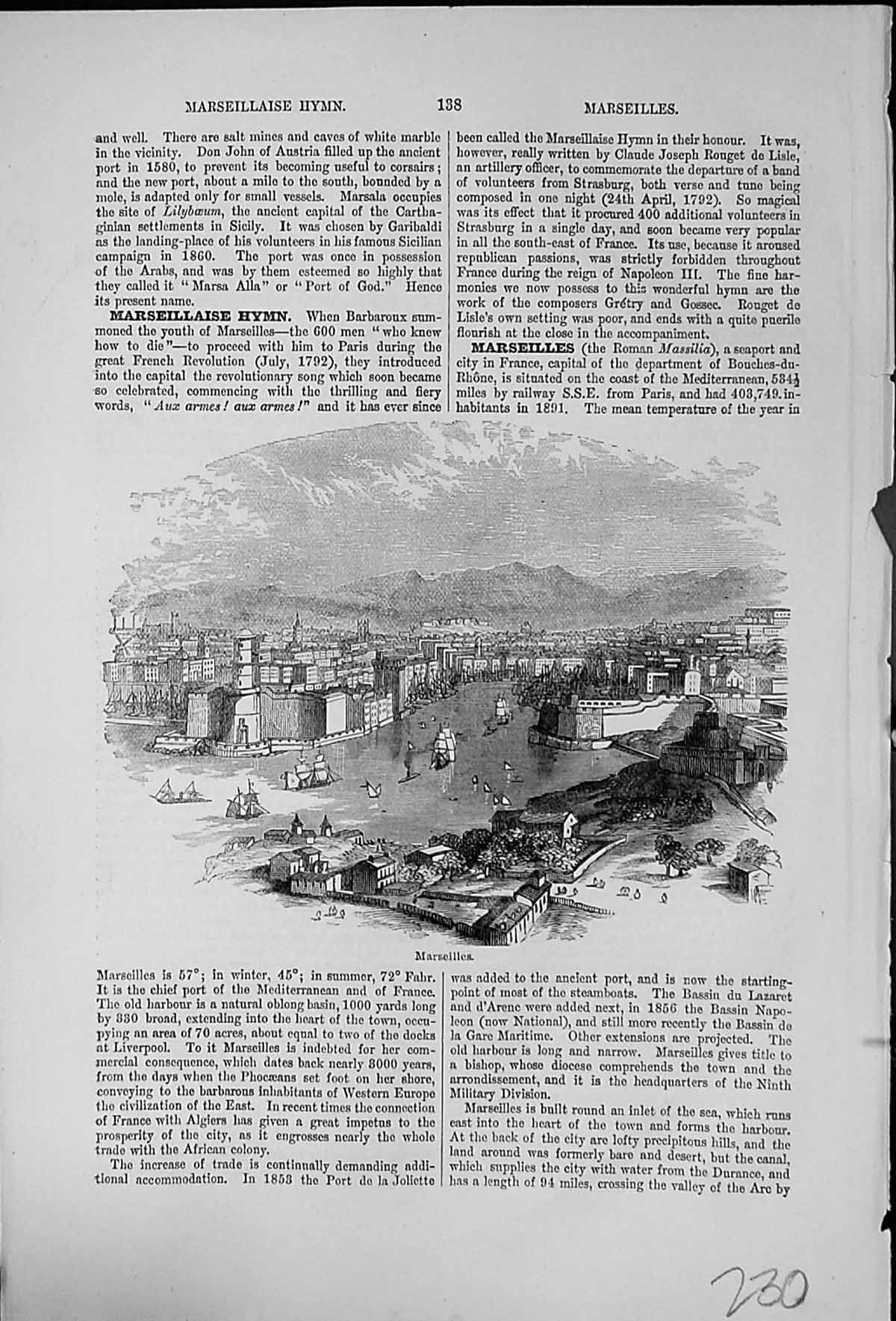 Old Antique Print Marseilles French City Seaport Ships Oppositions Mars