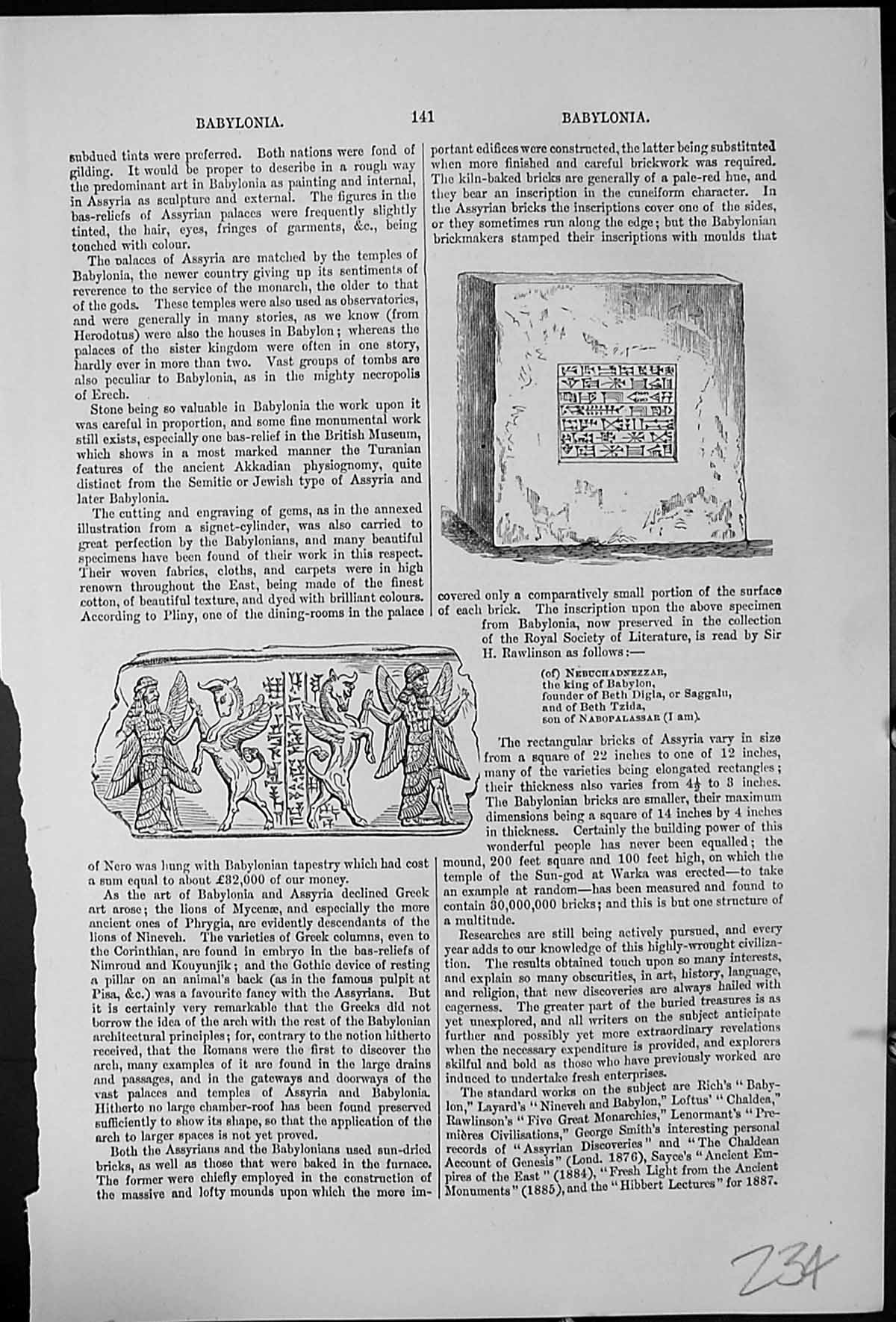 Antique Old Print Babylonia Brickmakers Inscription Babyrusa Sus Large Hog
