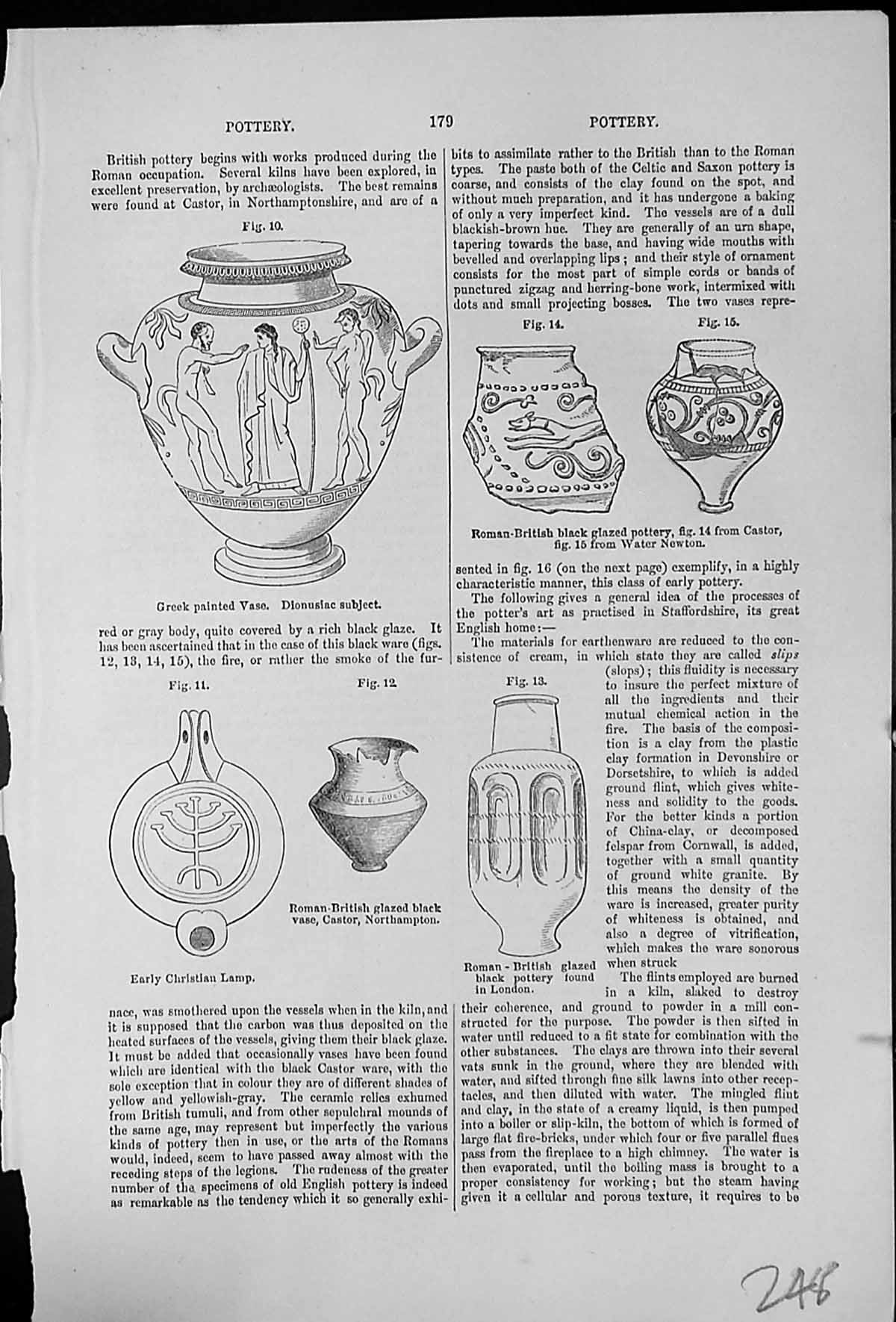 Antique Old Print Pottery Roman-British Early Christain Lamp Muffle Furnace