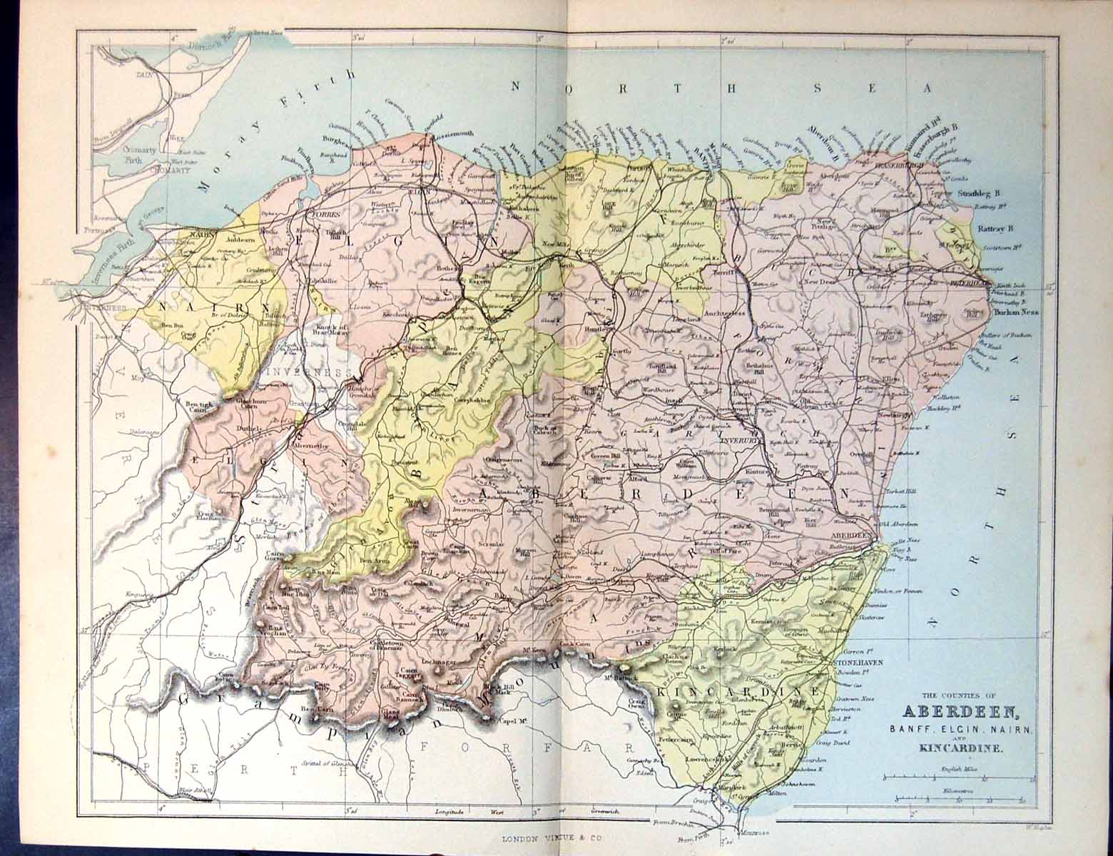 Original Old Antique Print Map Counties Aberdeen Banff Elgin Nairn Kincardine