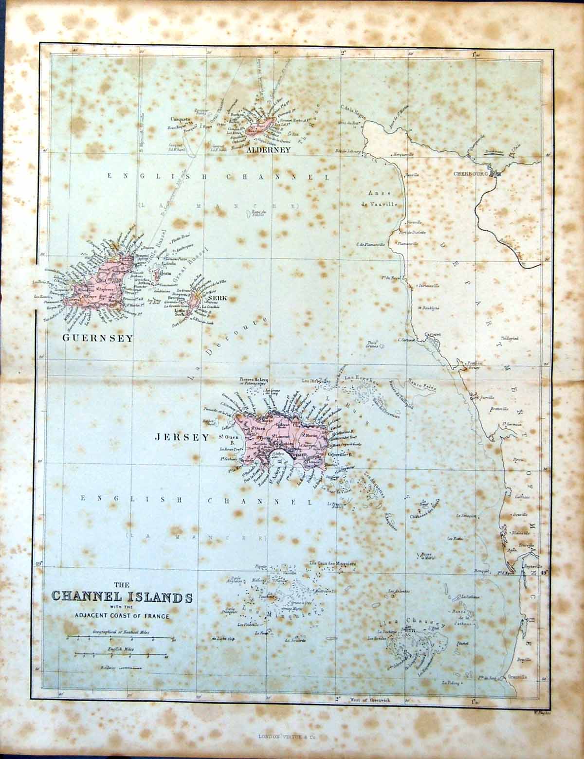 Old Antique Print Map The Channel Islands With The Adjacent Coast France