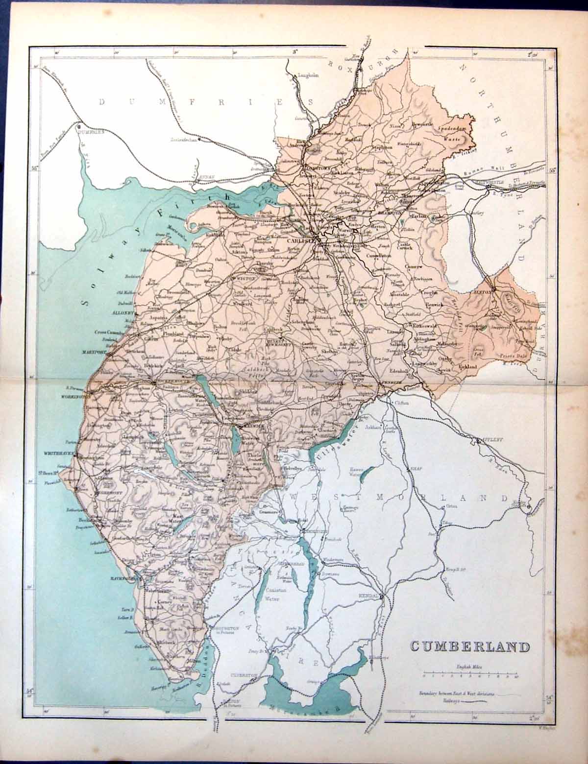 Antique Print Map Cumberland Carlisle Wast Water Plumbland Skiddaw Keswick