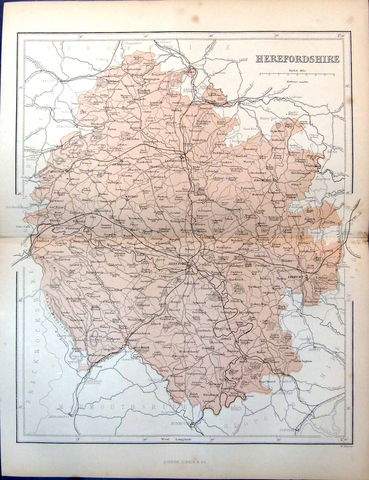 Antique Old Print Map Herefordshire Leominster Pembridge Ledbury Walterstone