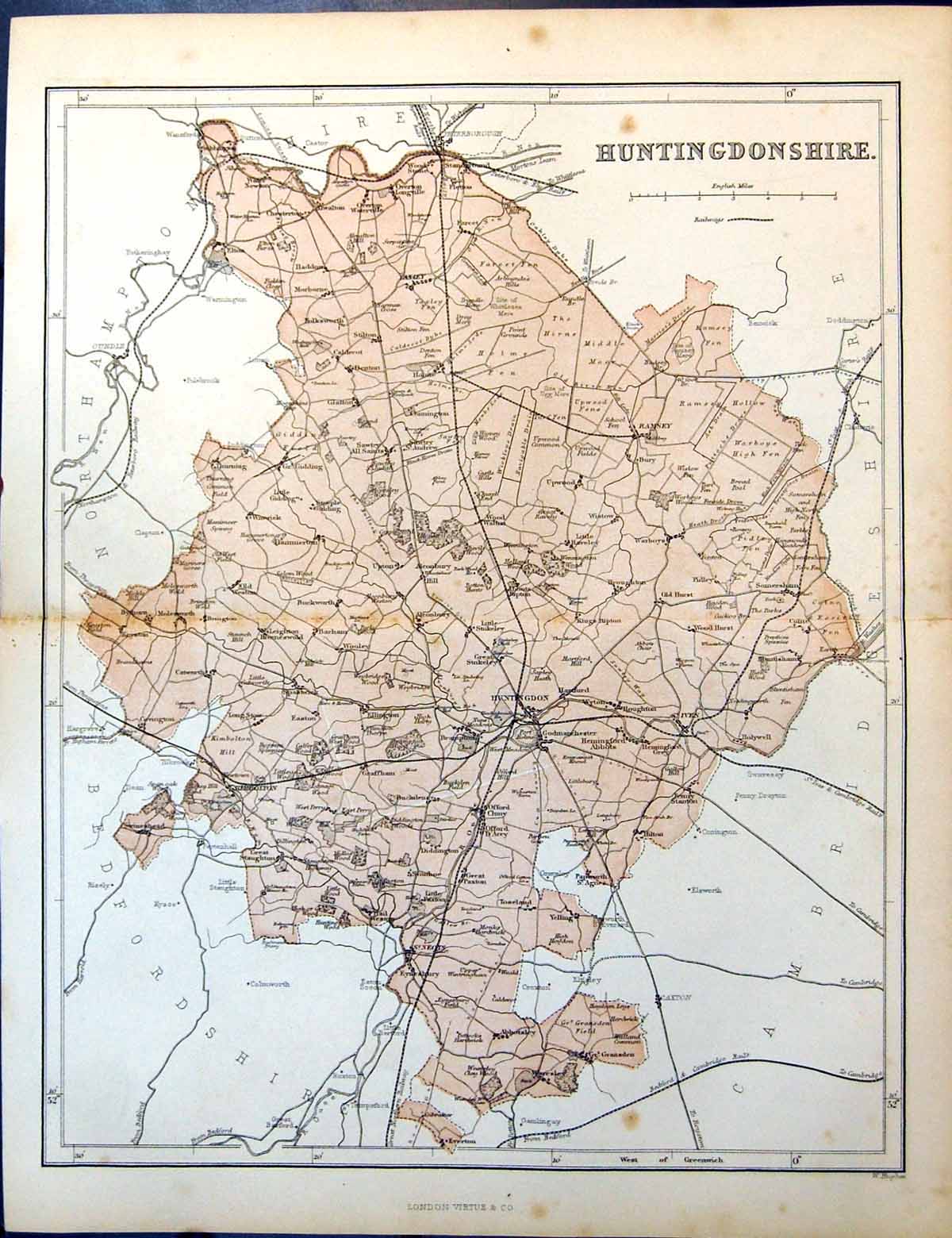 Antique Old Print Map Huntingdonshire Wood Walton Weston Kimbolton Southoe