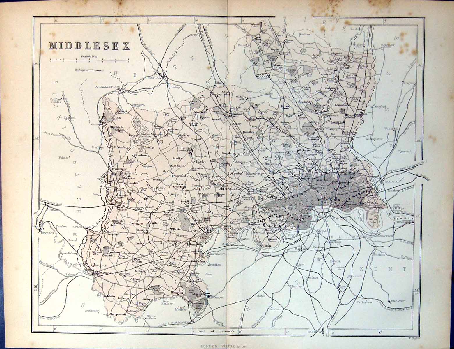 Old Antique Print Map Middlesex London Southgate Hamsptead Fulham Staines