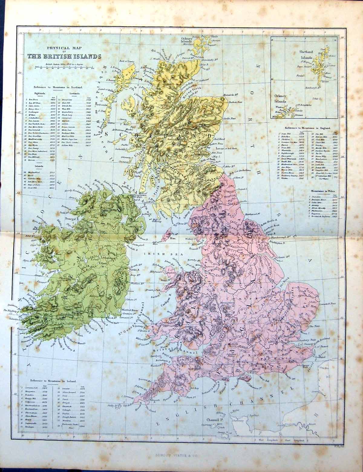 Original Old Antique Print Physical Map The British Islands Annotated Mountains