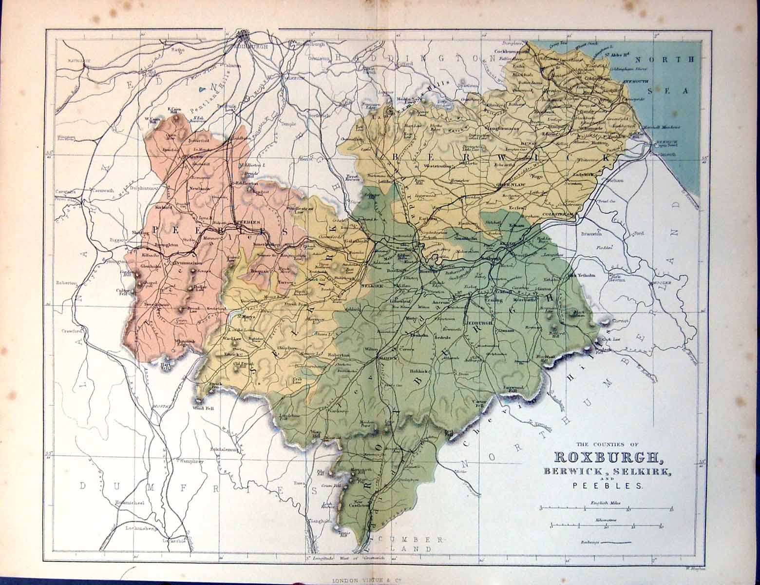 Old Antique Print Map The Counties Roxburgh Berwick Selkirk And Peebles