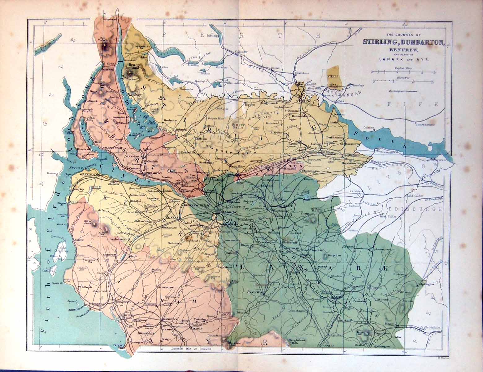 Antique Old Print Map Counties Stirling Dumbarton Renfrew Parts Lanark Ayr