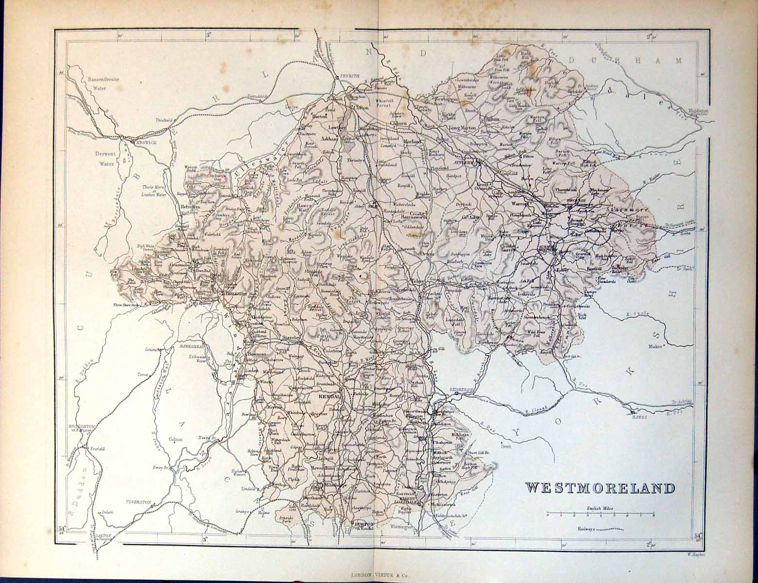 Old Antique Print Map Westmoreland Ambleside Kendal Kirkby Stephen Tebay