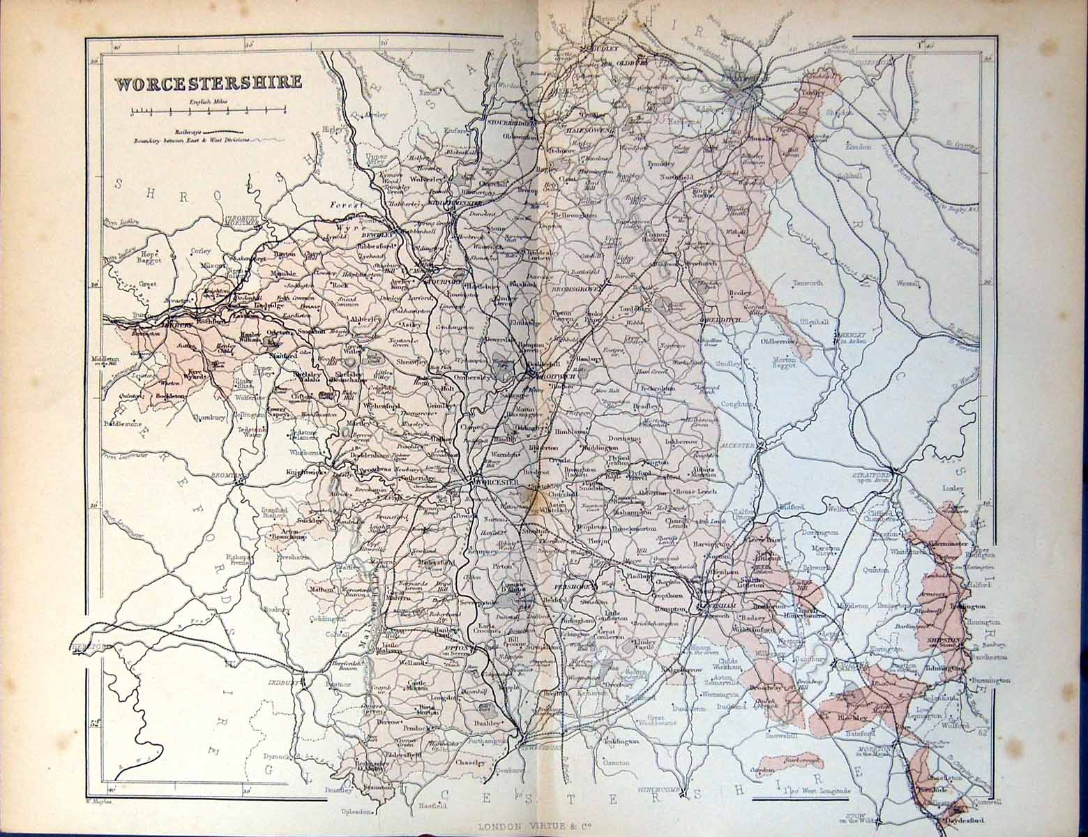 Antique Old Print Map Worcestershire Redditch Rochford Halesowen Droitwich