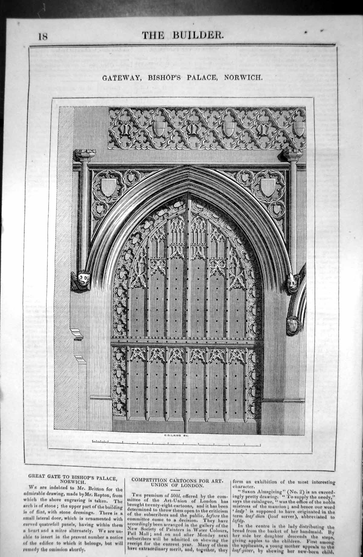Antique Old Print Gateway Bishop'S Palace Norwich Architecture 1846 Builder
