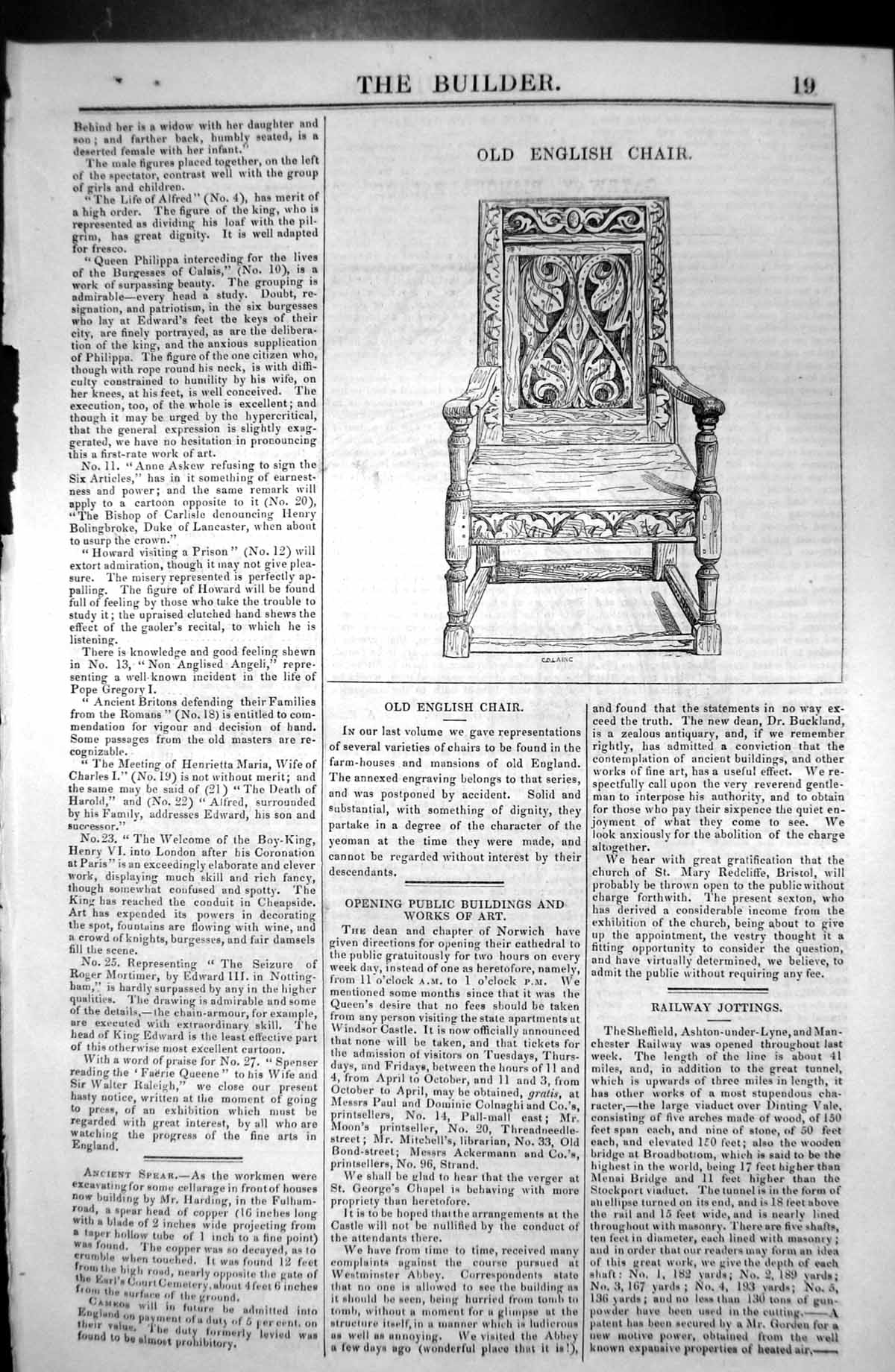 Original Old Antique Print English Chair Furniture Architecture 1846 Builder