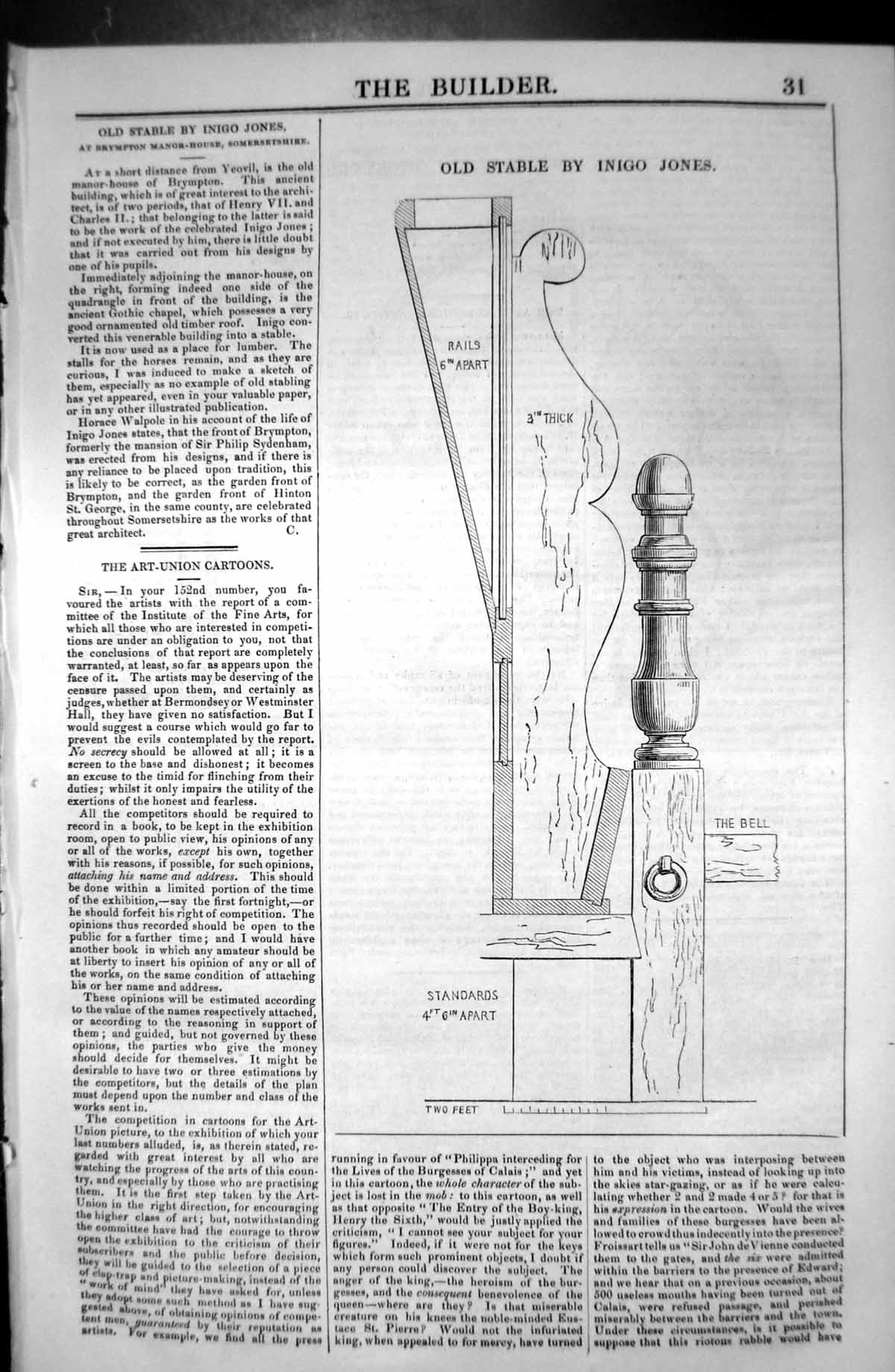 Original Old Antique Print Stable Inigo Jones Architecture 1846 Builder 19th