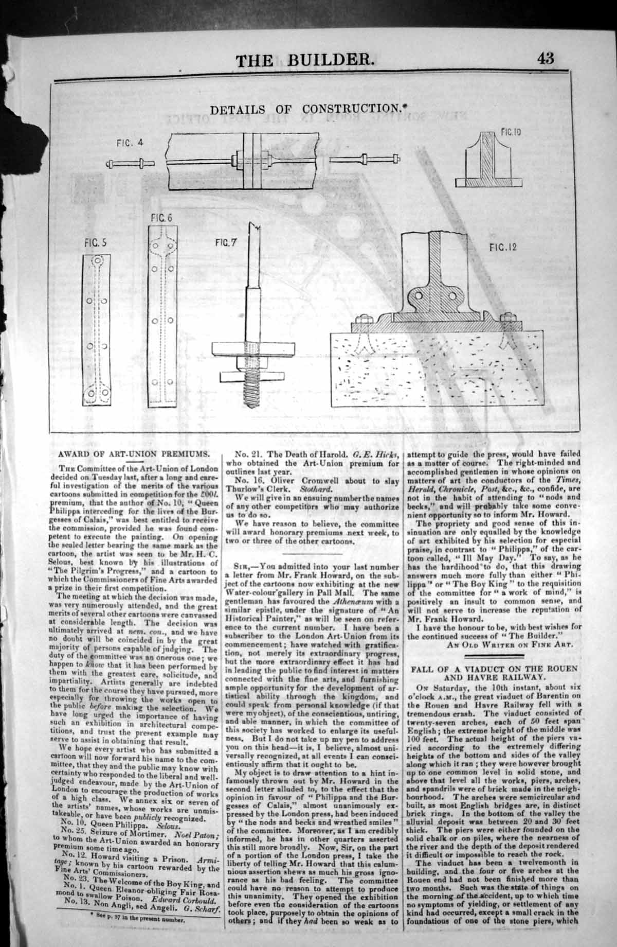 Original Old Antique Print Construction Details Architecture 1846 Builder 19th