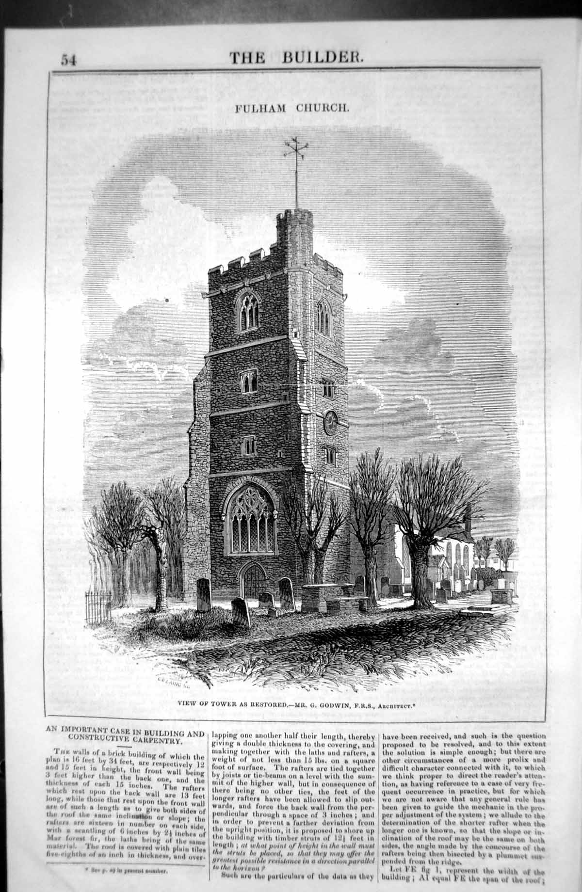 Original Old Antique Print Fulham Church Tower Godwin Architecture 1846 Builder