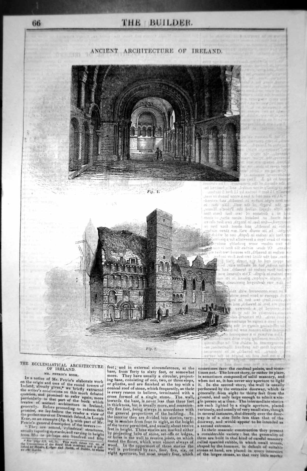 Old Antique Print Ancient Architecture Ireland Petrie Book 1846 Builder 19th