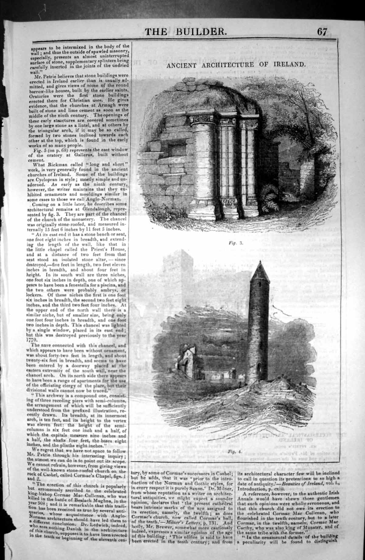 Original Old Antique Print Ancient Architecture Ireland 1846 Builder Victorian
