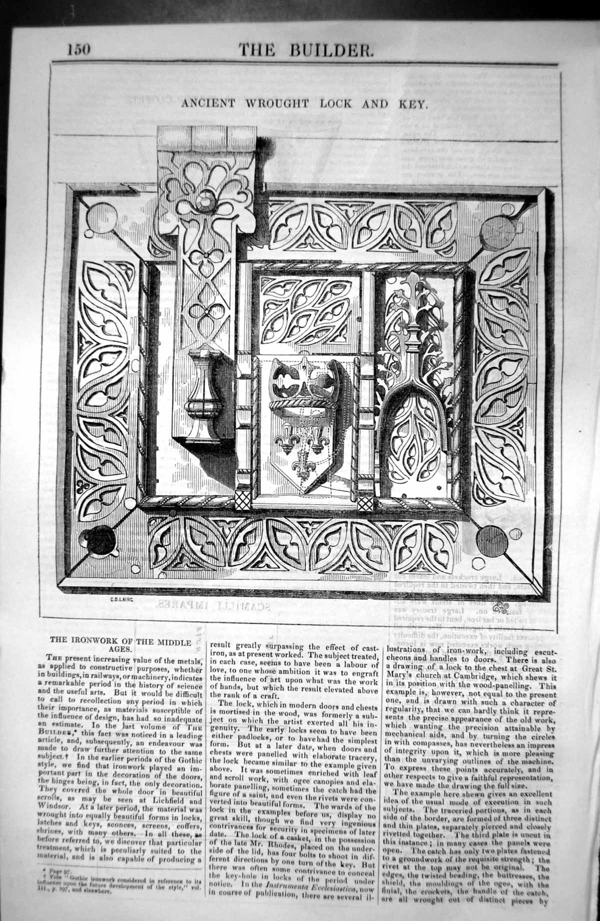 Antique Old Print Ancient Wrought Lock Key Ironwork Architecture 1846 Builder