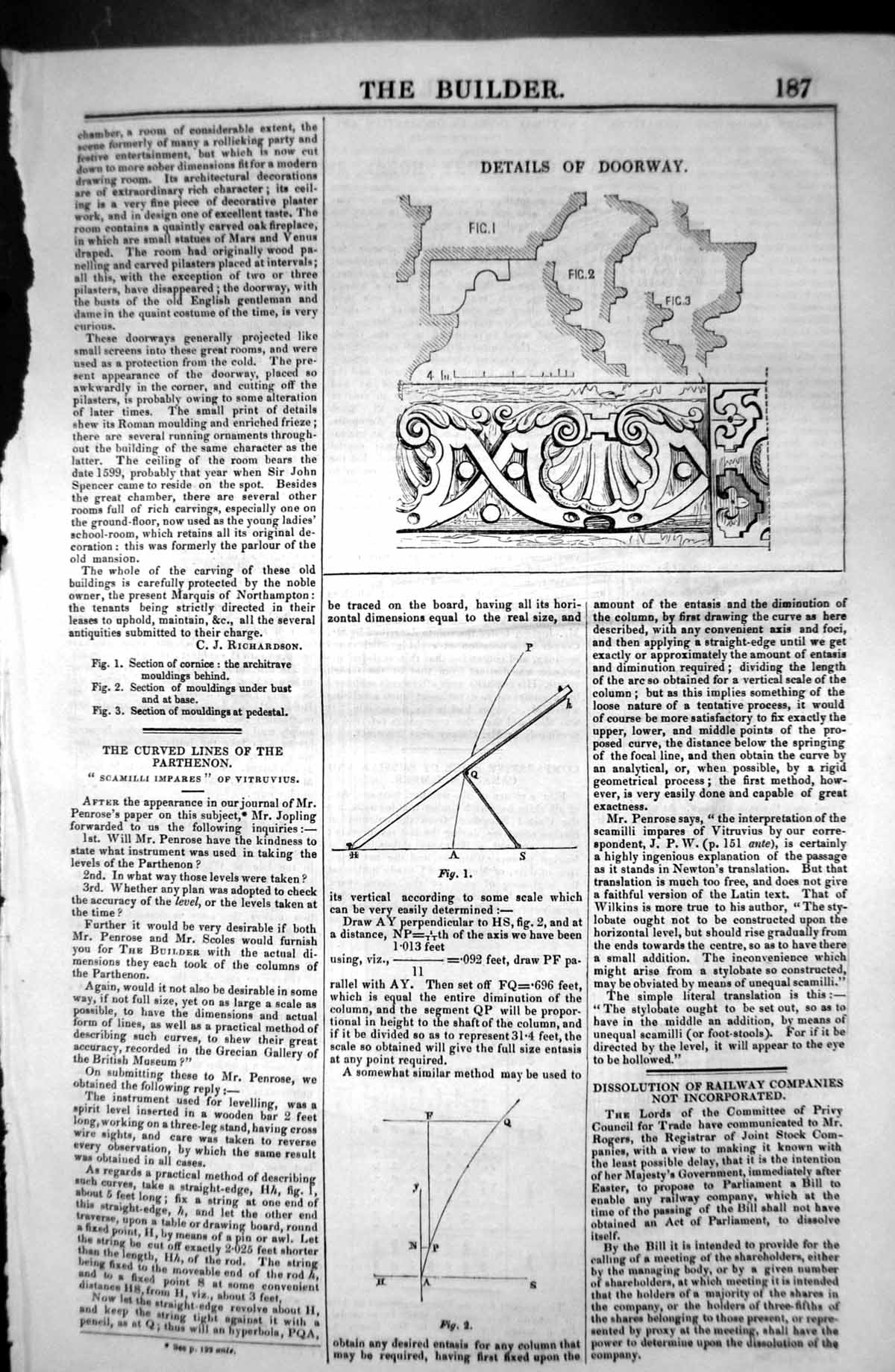 Original Old Antique Print Details Doorway Diagrams Architecture 1846 Builder