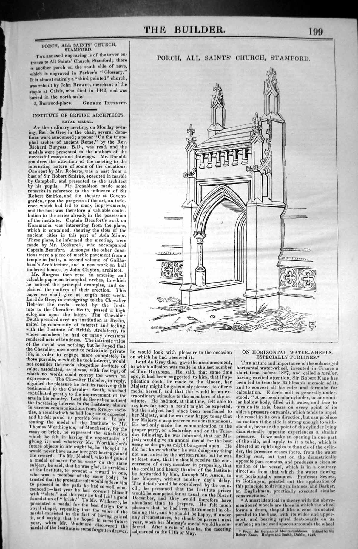 Antique Old Print Porch All Saints Church Stamford Architecture 1846 Builder