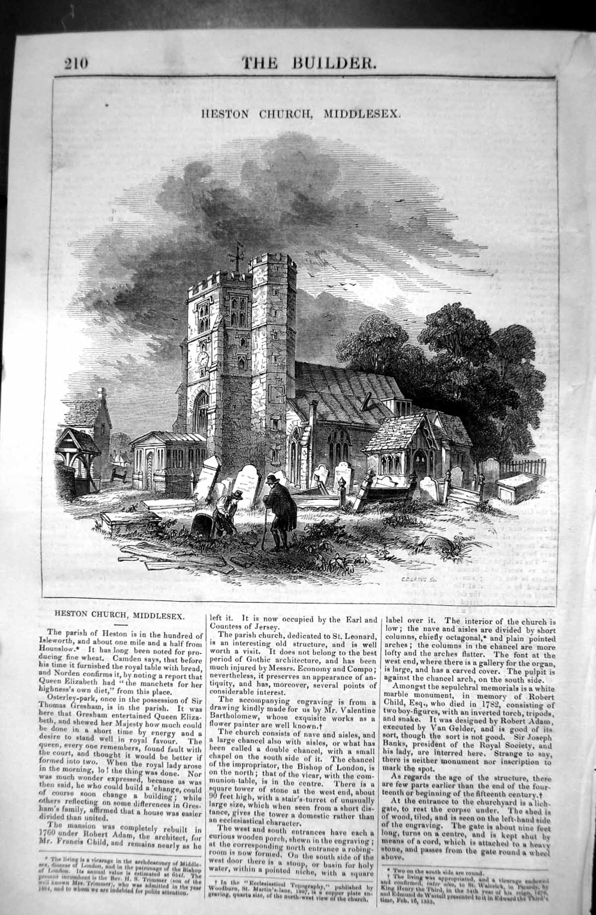 Original Old Antique Print Heston Church Middlesex Architecture 1846 Builder