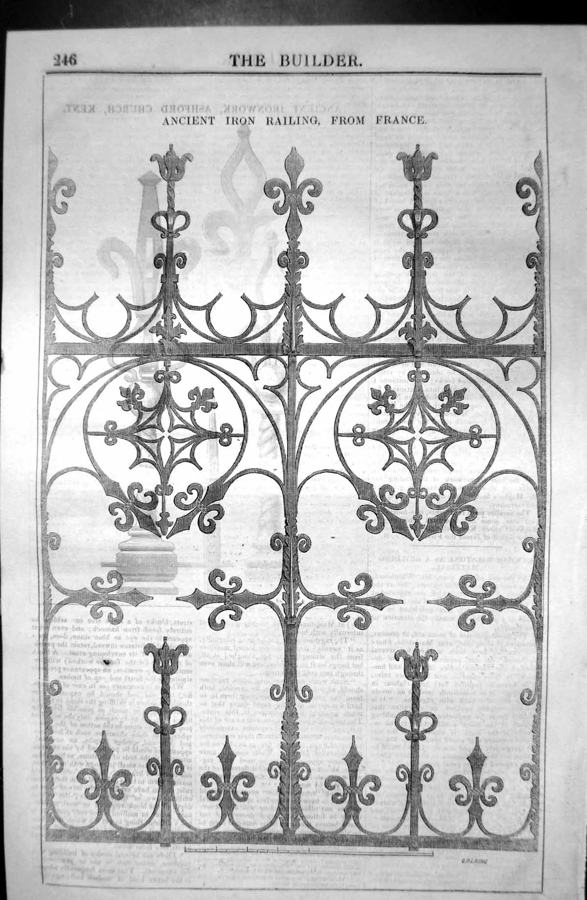 Original Old Antique Print Ancient Iron Railing France Decoration 1846 Builder