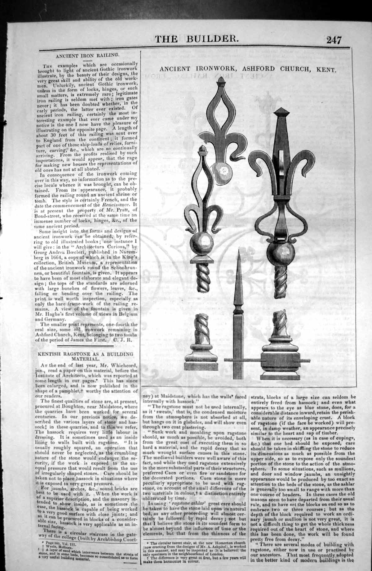 Old Print Ancient Ironwork Ashford Church Kent Architecture 1846 Builder 19th
