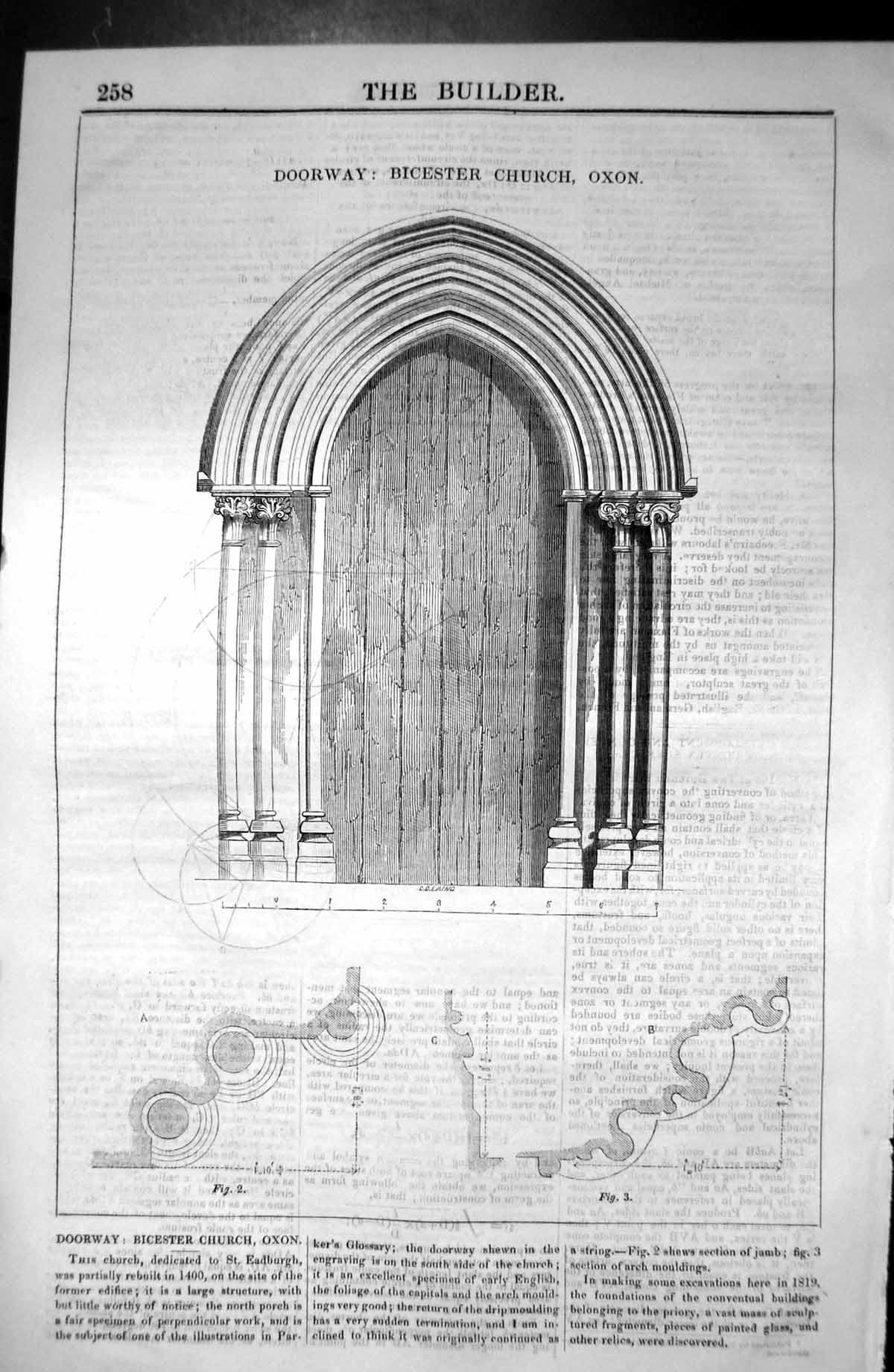 Old Antique Print Doorway Bicester Church Oxon Architecture 1846 Builder 19th