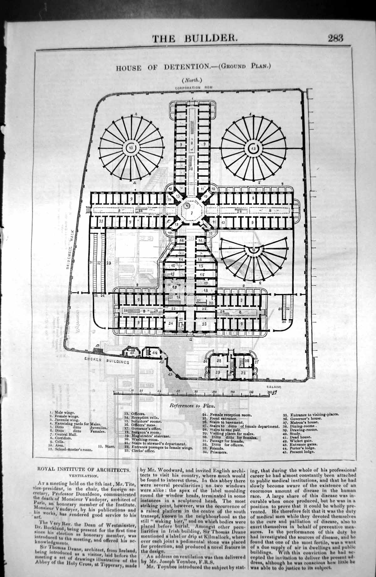Old Antique Print Ground Plan House Detention Architecture 1846 Builder 19th