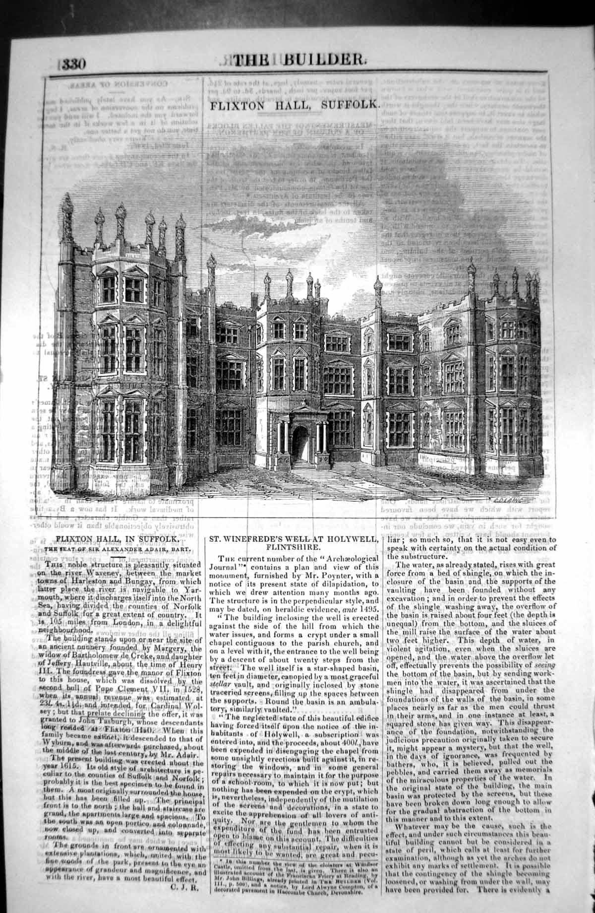 Old Print Exterior Flixton Hall Suffolk England Architecture 1846 Builder 19th