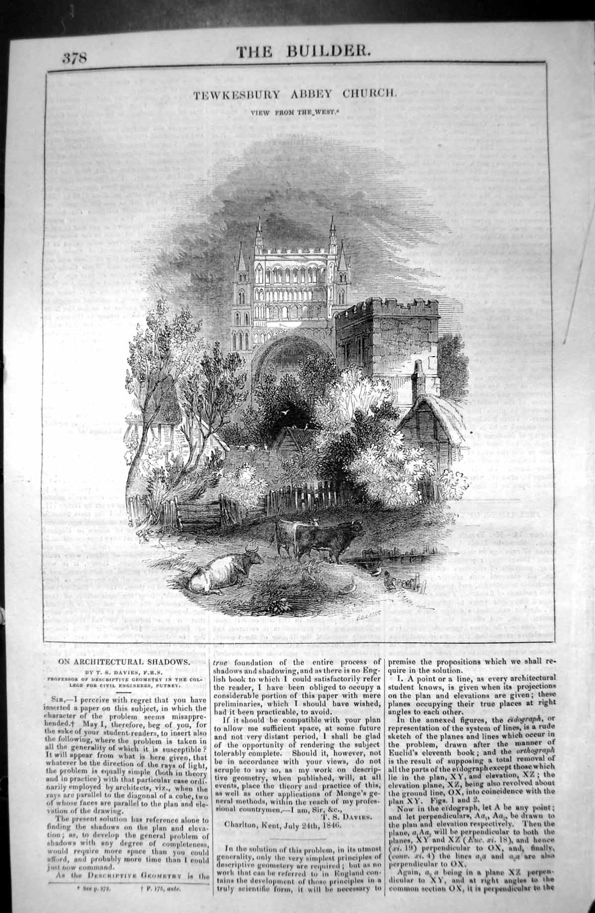 Antique Old Print Tewkesbury Abbey Church England Architecture 1846 Builder