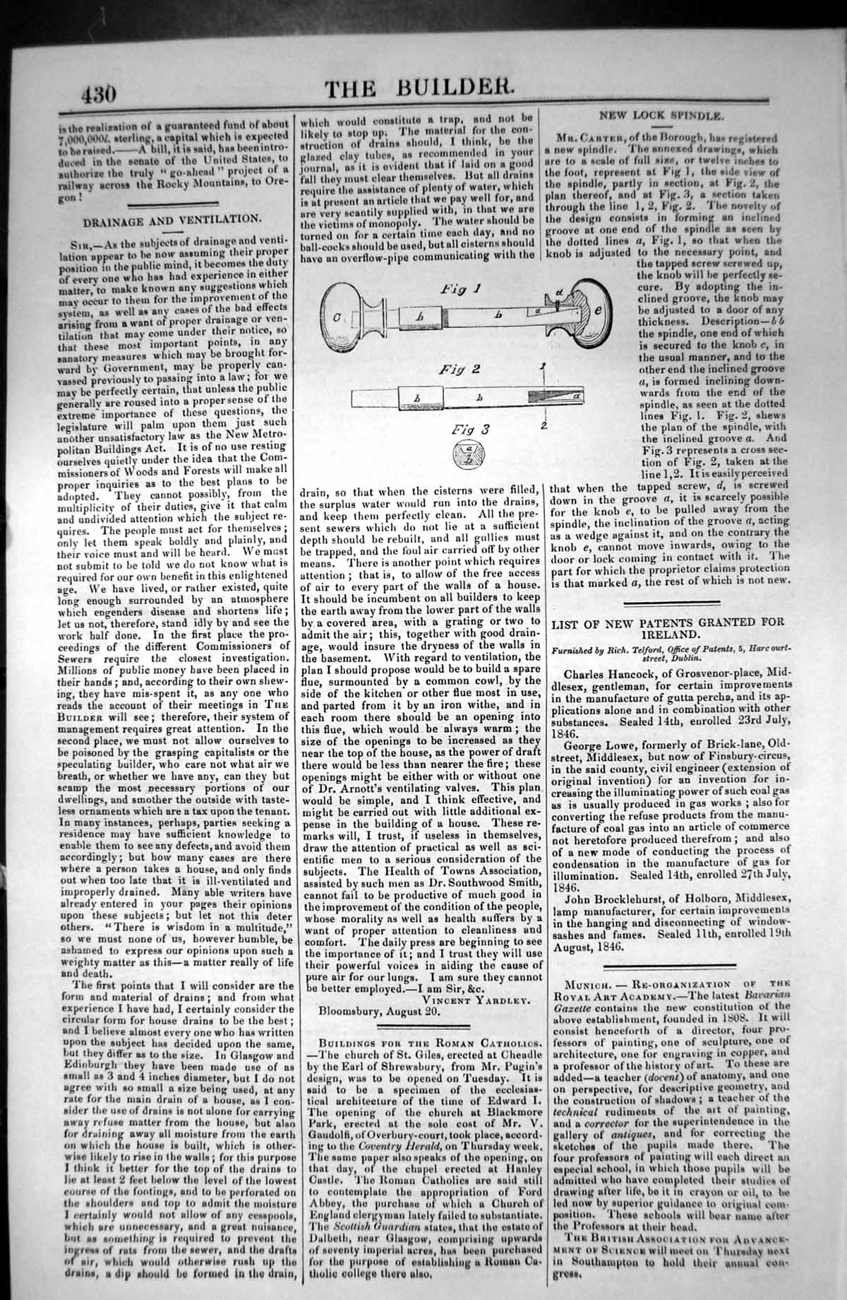 Original Old Antique Print Architecture 1846 Builder New Lock Spindle Carter