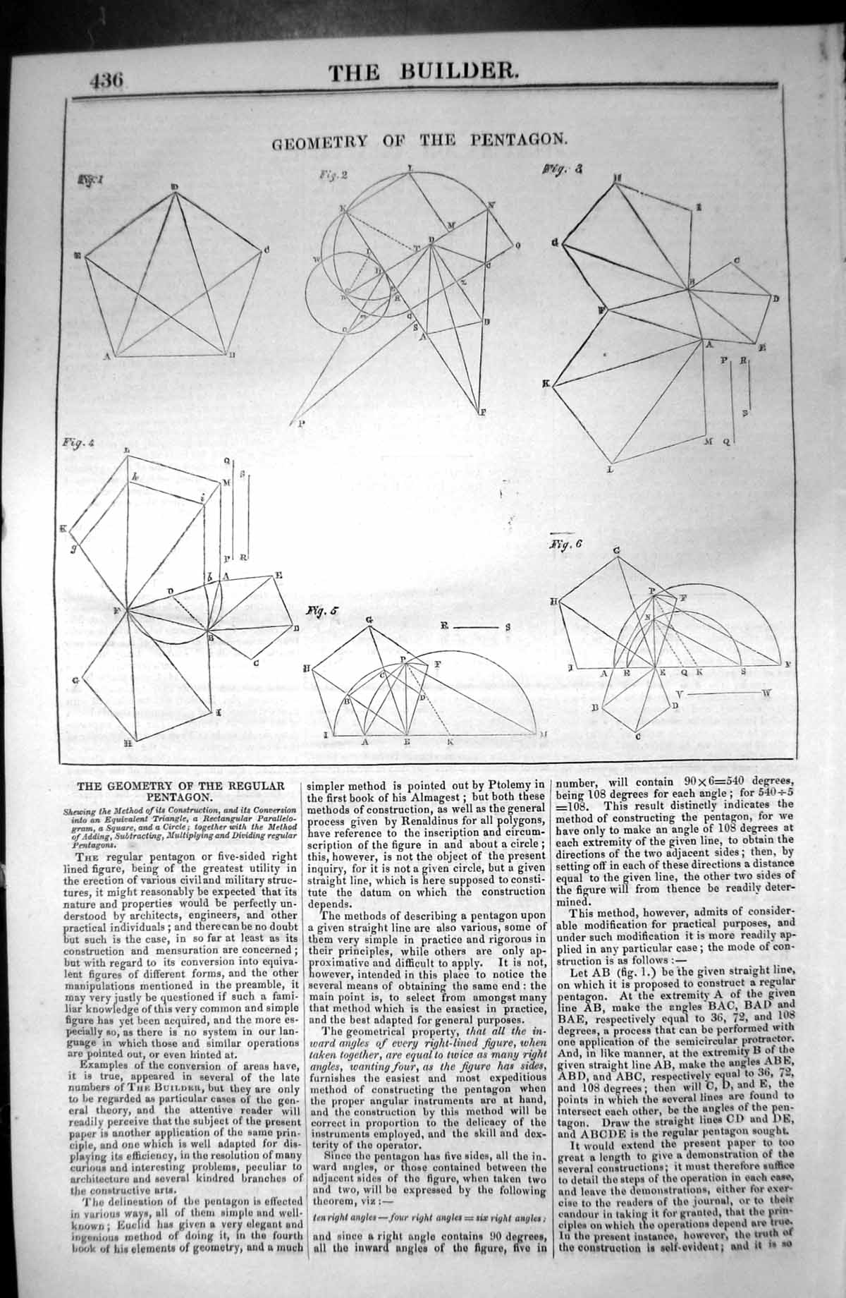 Original Old Antique Print Geometry Pantagon Diagrams 1846 Builder Victorian