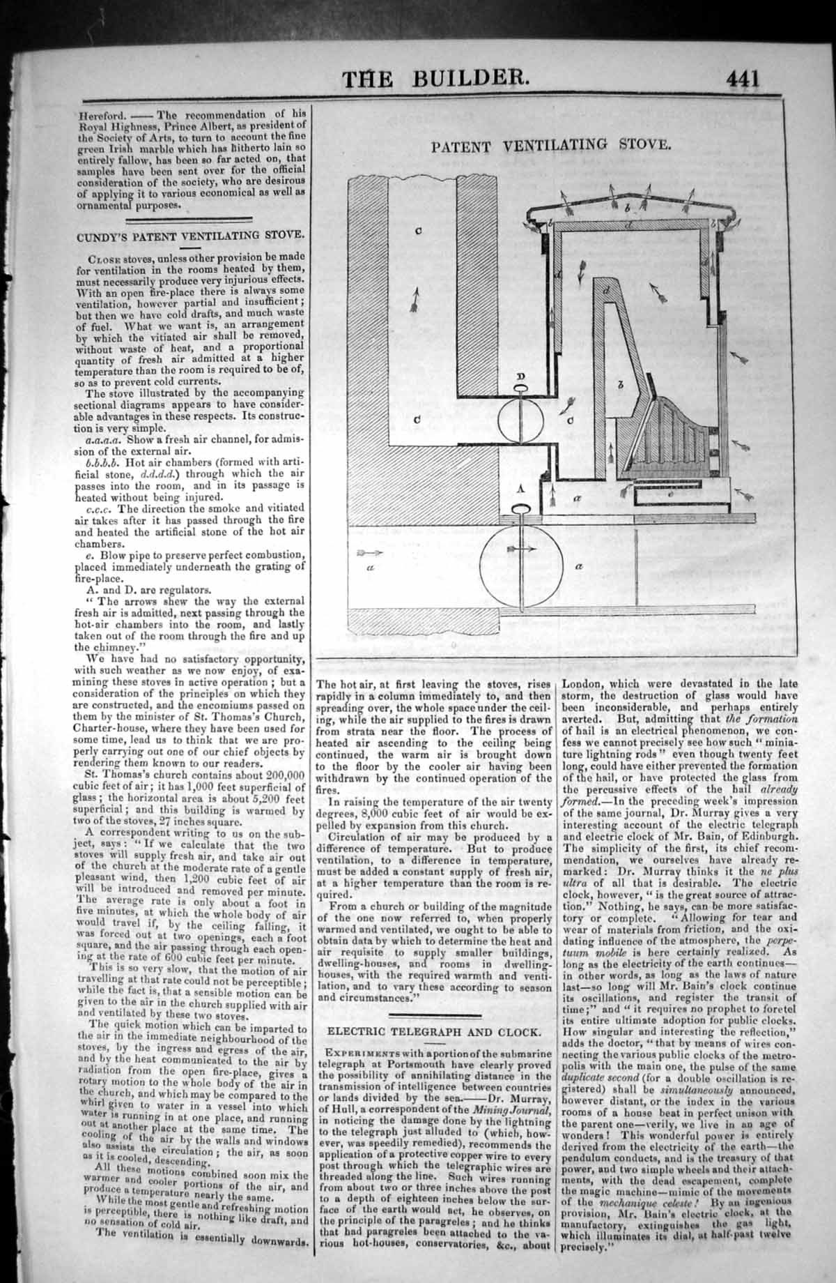 Original Old Antique Print Patent Ventilating Stove Cundy 1846 Builder 19th