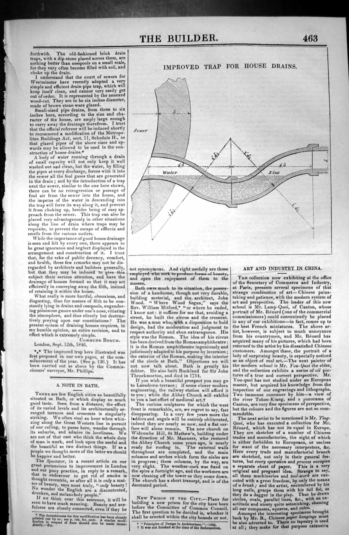 Original Old Antique Print Plan Improved Trap House Drains 1846 Builder 19th