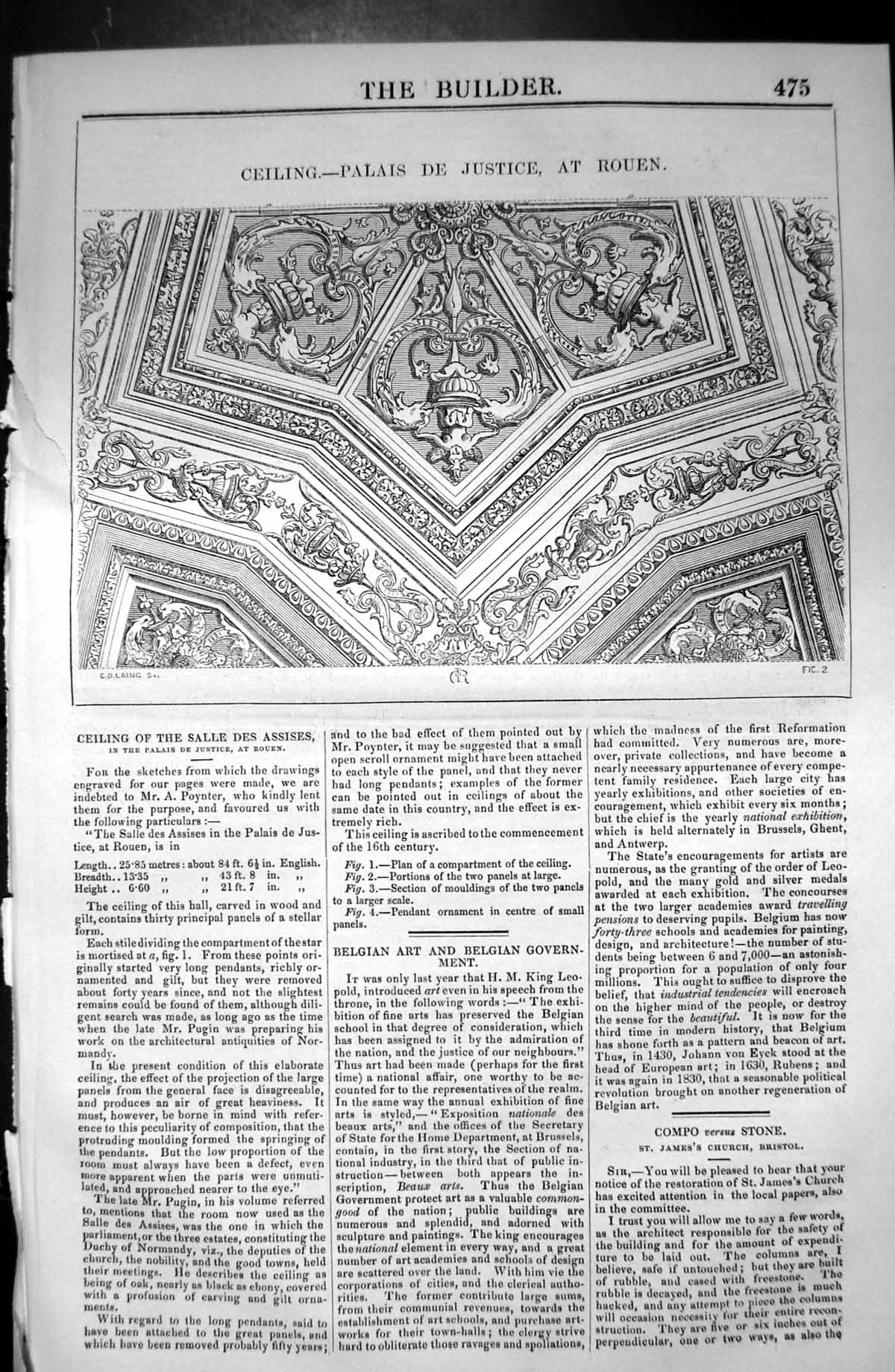 Antique Old Print Ceiling Palais De Justice Rouen Architecture 1846 Builder