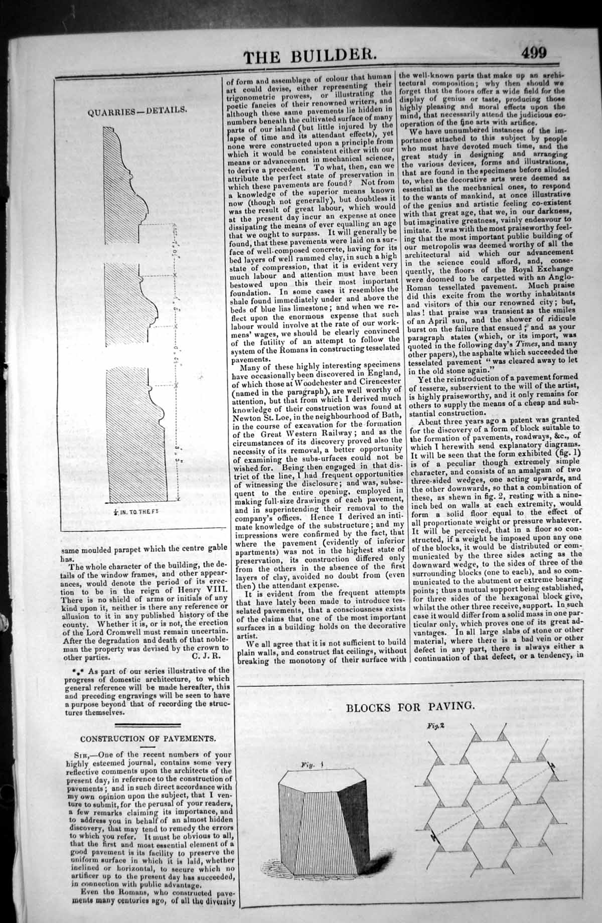 Antique Old Print Details Quarries Blocks Paving Architecture 1846 Builder 19th