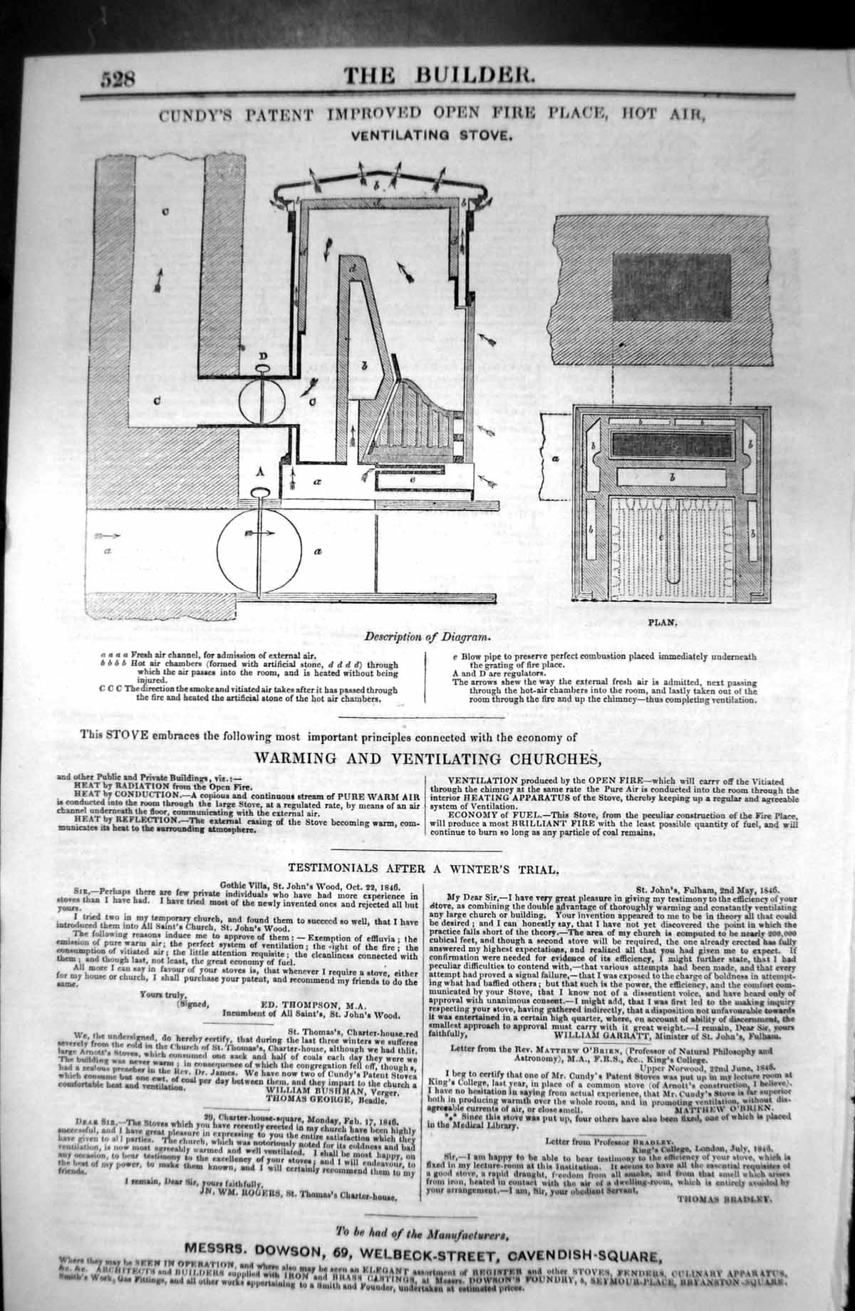 Antique Old Print Cundy Patent Improved Open Fire Place Hot Air 1846 Builder
