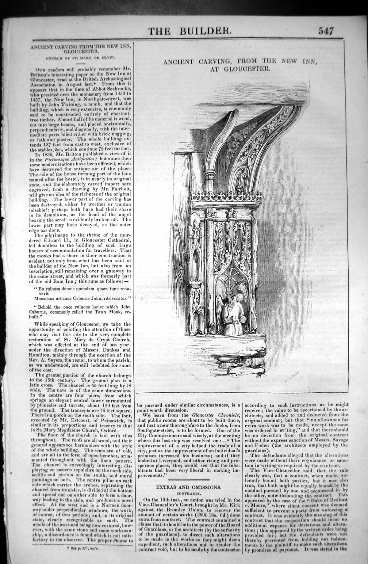 Antique Old Print Ancient Carving Inn Gloucester Architecture 1846 Builder 19th